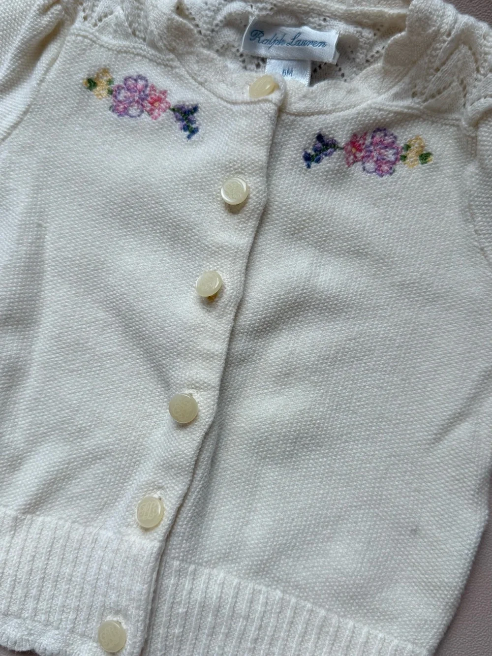 Ralph Lauren Cream Baby Cardigan with Pink Floral Embroidery